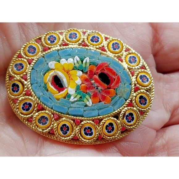 Vintage Italian Floral Micro Mosaic Oval Brooch, Murano Glass, 1950s, 1 1/2 Inch - Picture 3 of 10